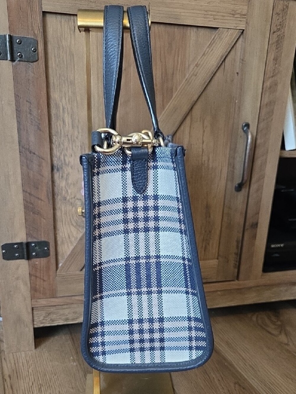 Coach Navy and Cream Garden Plaid Leather-Trim Dempsey Carry-All - Picture 4 of 7
